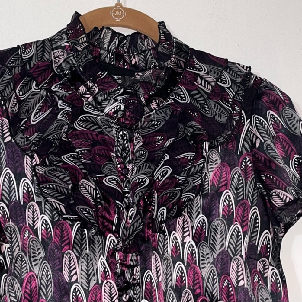 Apostrophe Ruffle Mock Neck Feather Print Blouse Purple Black Gray M - Picture 6 of 7